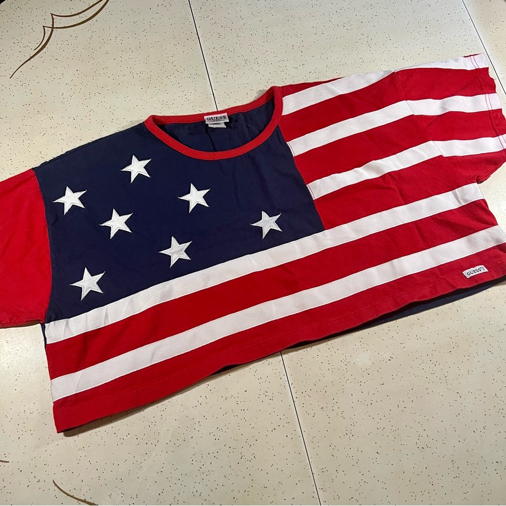 y2k vintage crop american flag guess top